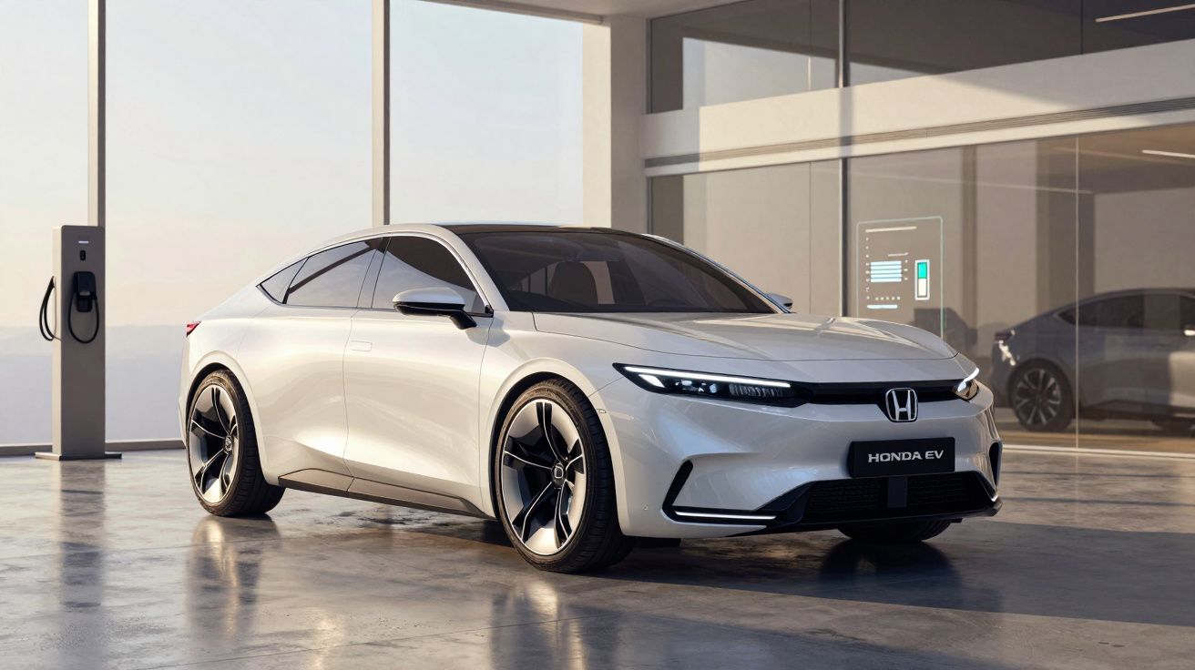 Carro elétrico branco Honda EV estacionado numa garagem moderna com estação de carregamento elétrica.