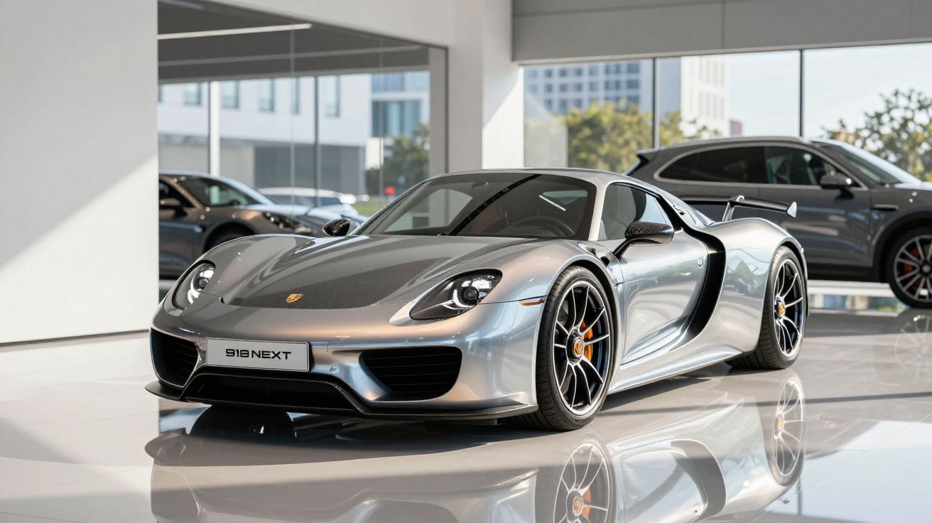 Carro desportivo Porsche 918 Spyder prateado estacionado no interior de um showroom moderno.
