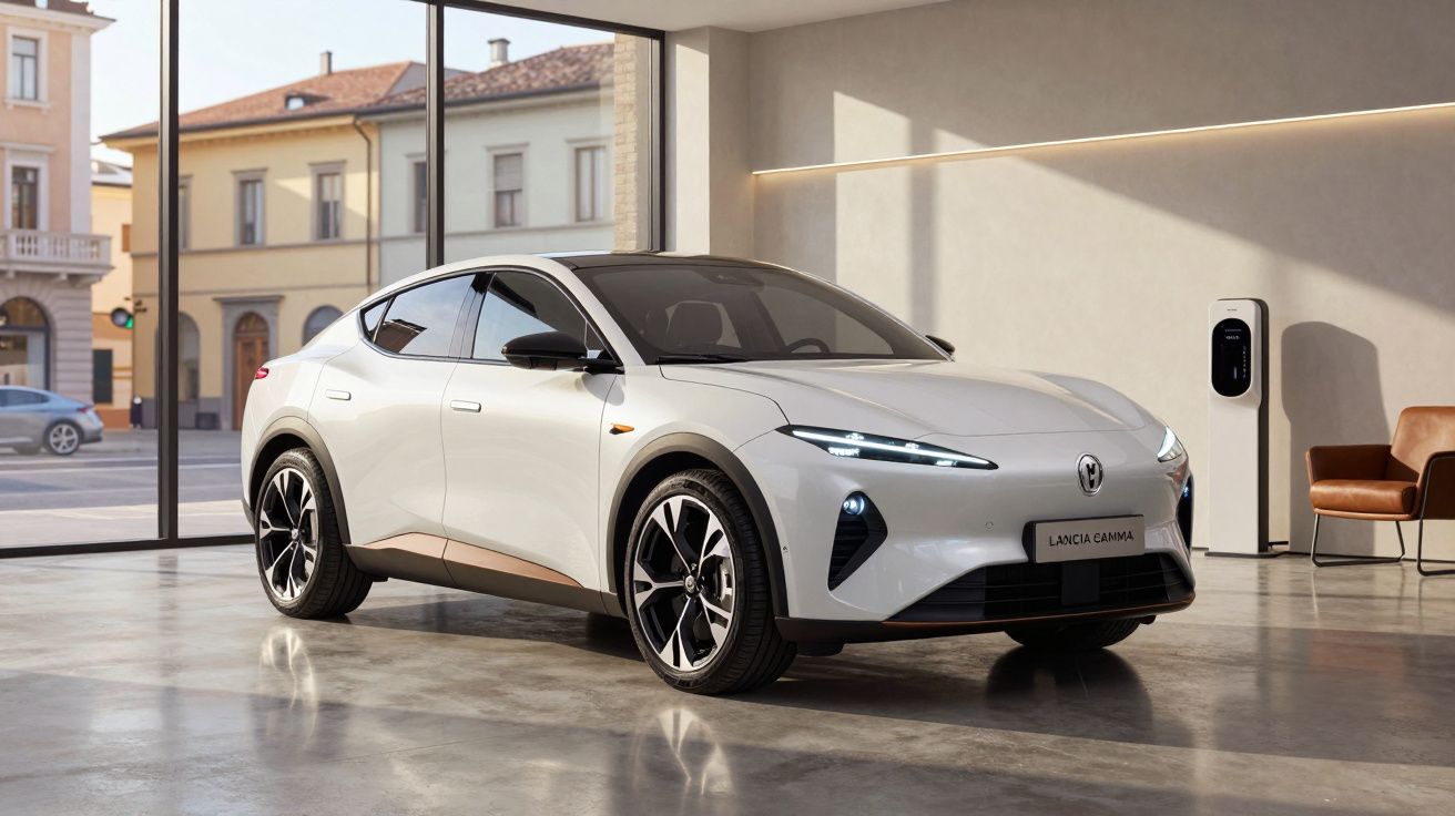 Carro elétrico branco Lancia Gamma estacionado numa garagem moderna com parede branca e poltrona castanha.