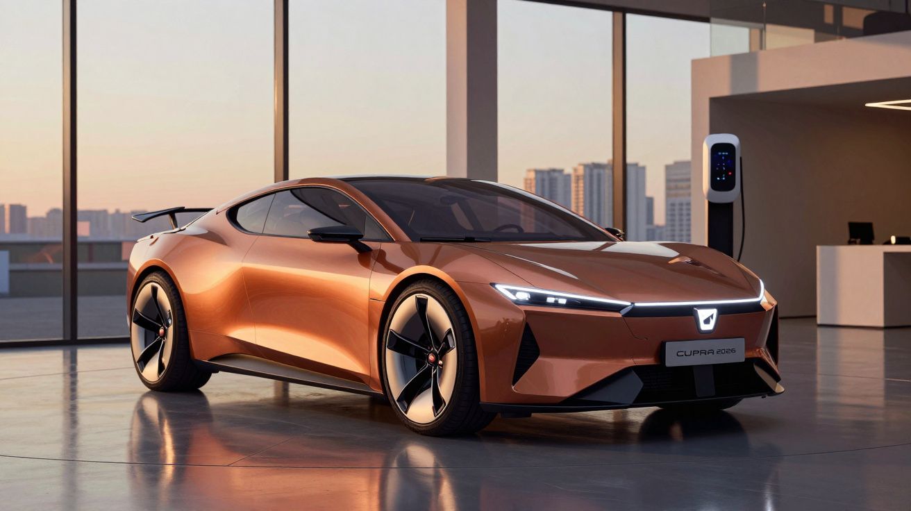 Carro desportivo elétrico Cupra em tom cobre, estacionado em garagem moderna com carregador elétrico.