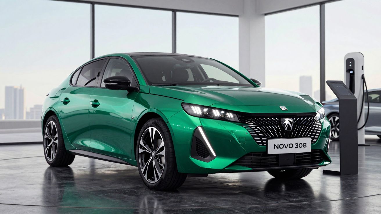 Peugeot Novo 308 verde metálico estacionado em interior moderno junto a posto de carregamento elétrico.