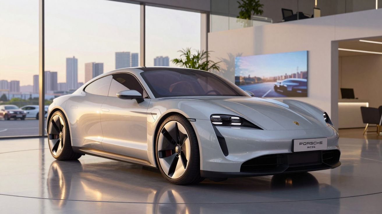 Carro elétrico Porsche Taycan prata em exposição numa sala moderna com janelas grandes e vista urbana.