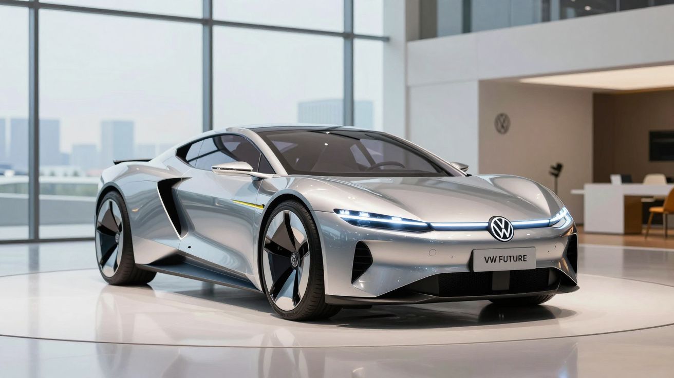 Carro desportivo elétrico prateado Volkswagen VW Future num showroom moderno com janelas grandes.