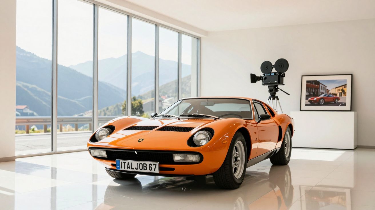 Carro clássico desportivo laranja estacionado em espaço interior com parede de vidro e equipamento de cinema vintage.