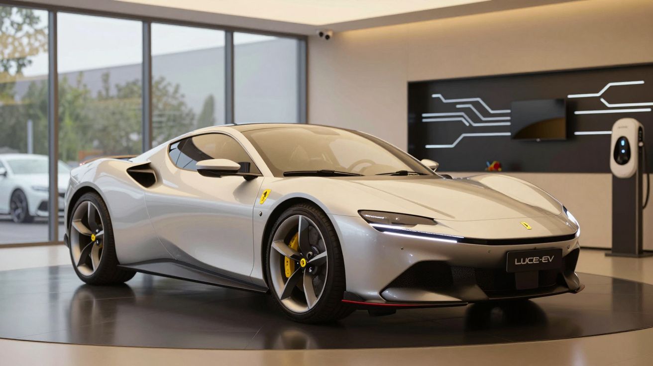 Carro desportivo elétrico Ferrari Luce-EV prateado em exposição numa sala moderna com carregador elétrico.