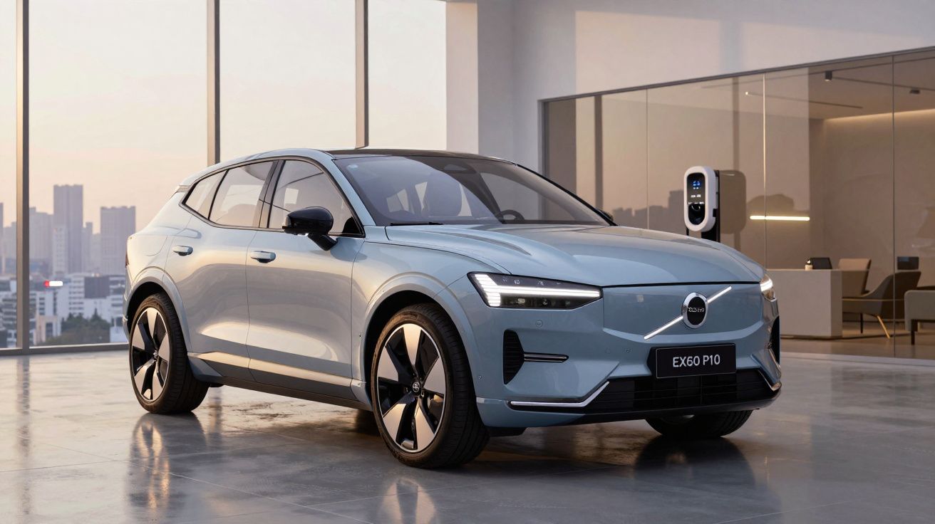 Veículo elétrico Volvo EX60 P10 azul estacionado numa garagem moderna com carregador elétrico ligado.