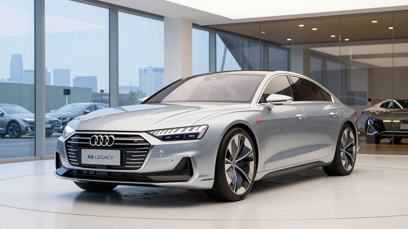 Carro Audi A8 Legacy cinzento prateado estacionado em showroom com grandes janelas e outros carros ao fundo.