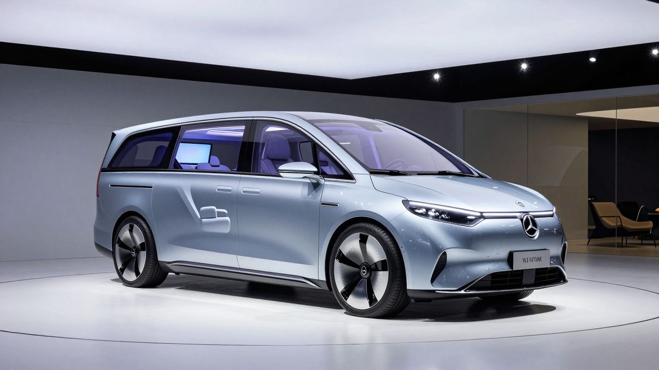 Carro elétrico Mercedes-Benz EQT prata exposto em sala moderna com iluminação destacada.