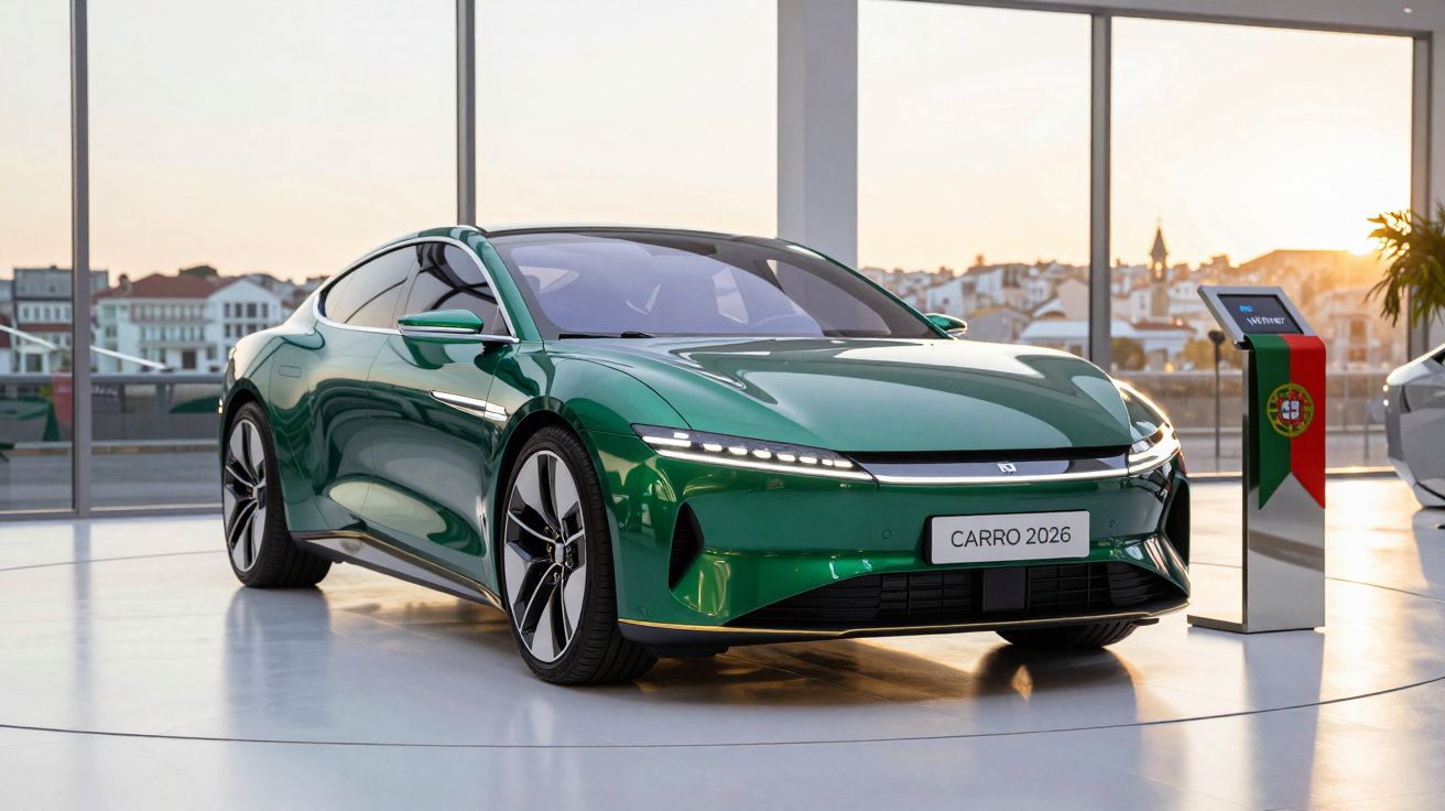 Carro elétrico verde moderno exibido em sala com grandes janelas e vista urbana ao pôr do sol.