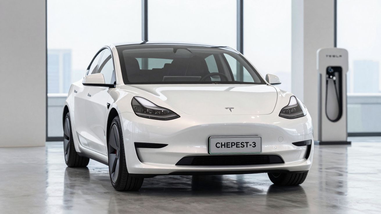 Carro elétrico Tesla branco estacionado em espaço interior moderno junto a estação de carregamento.