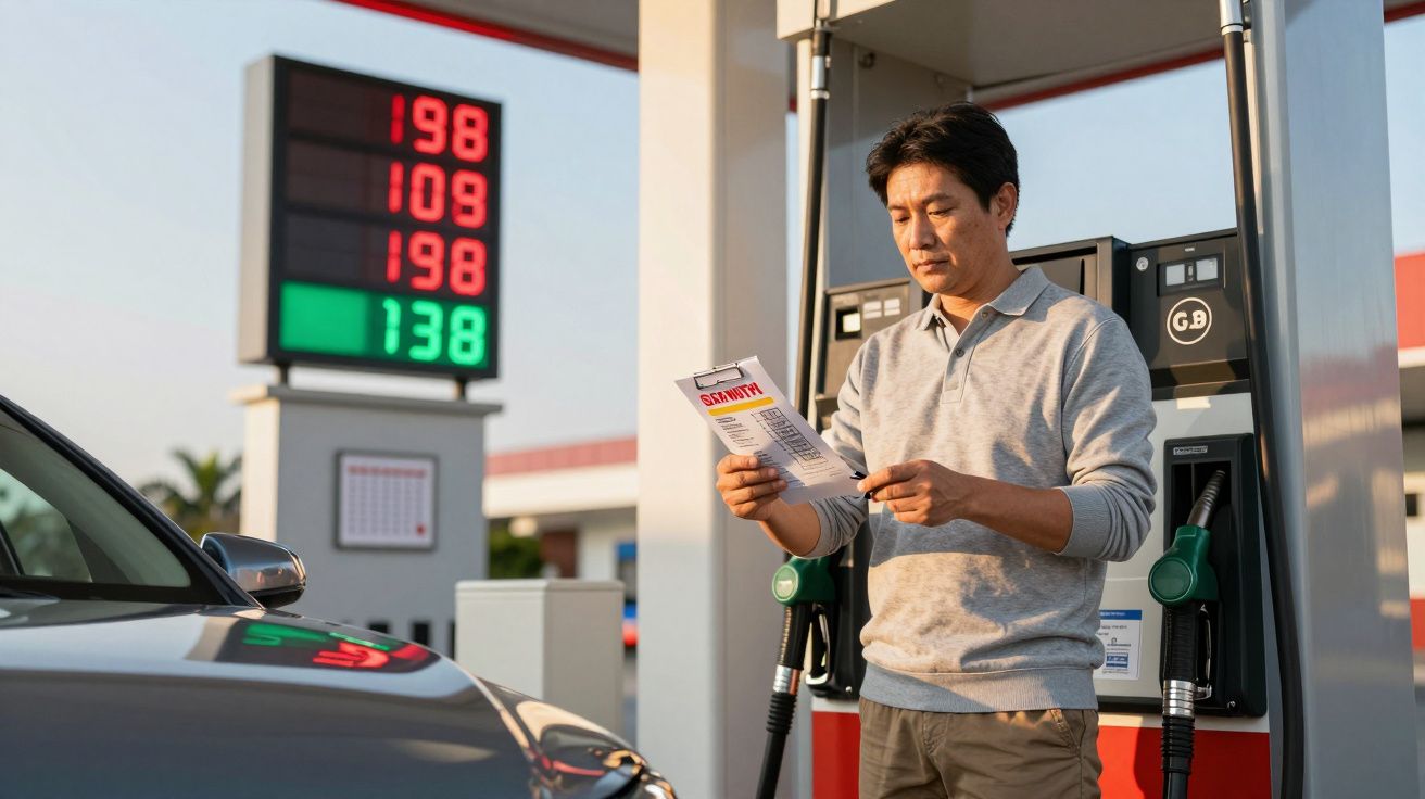 Homem consulta recibo na bomba de gasolina numa estação com preços visíveis ao fundo.
