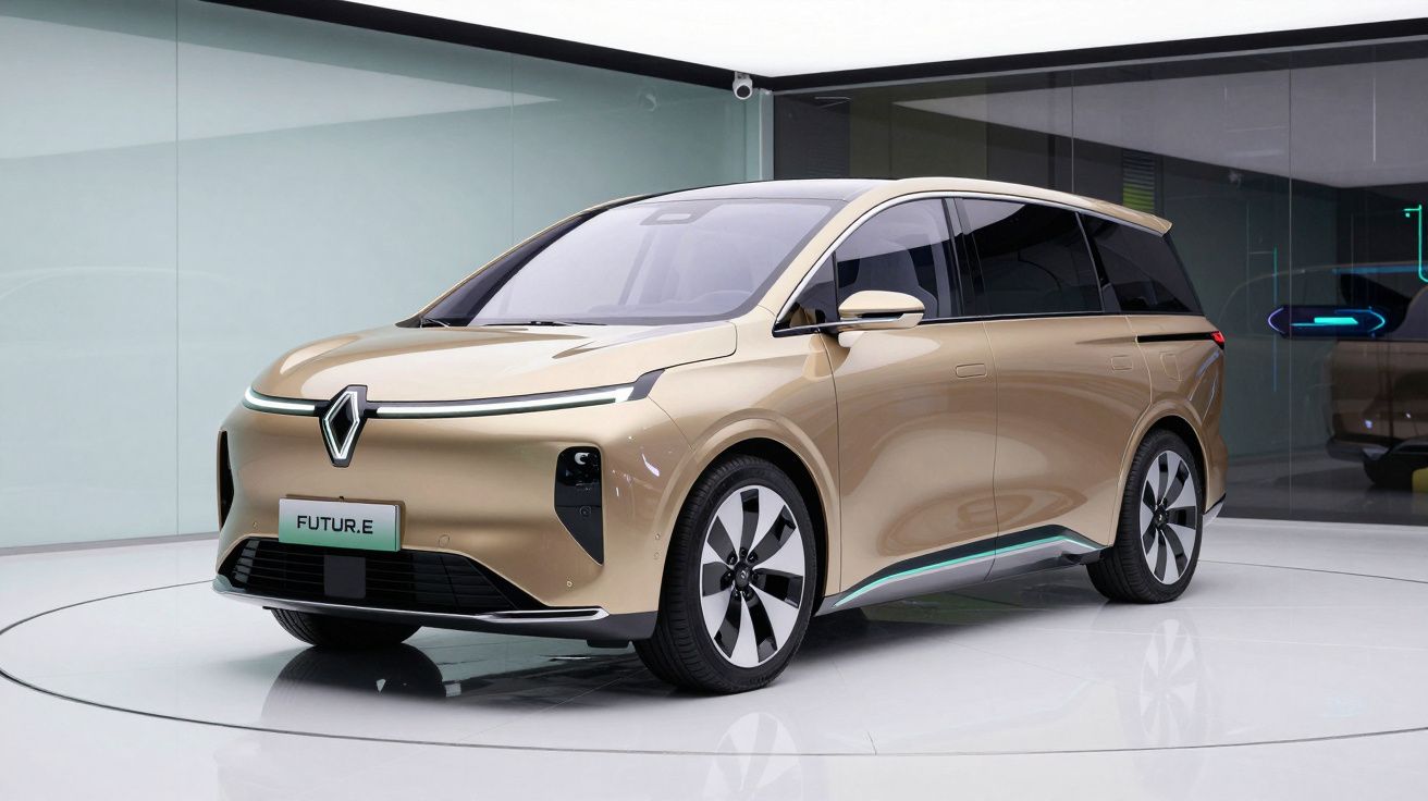 Veículo elétrico futurista dourado, Renault Futur.e, estacionado em espaço moderno e minimalista.