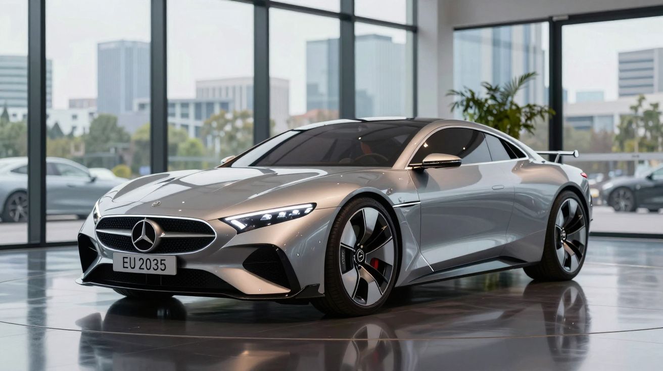 Carro desportivo elétrico prateado Mercedes-Benz estacionado em showroom moderno com grandes janelas.