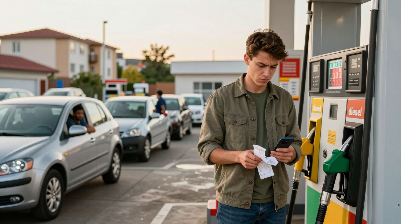 Homem jovem numa bomba de gasolina a ver o telemóvel enquanto segura um talão, com carros alinhados ao fundo.