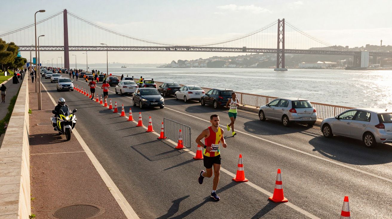 Corredores numa maratona junto ao rio com ponte suspensa e carros estacionados à beira da estrada.