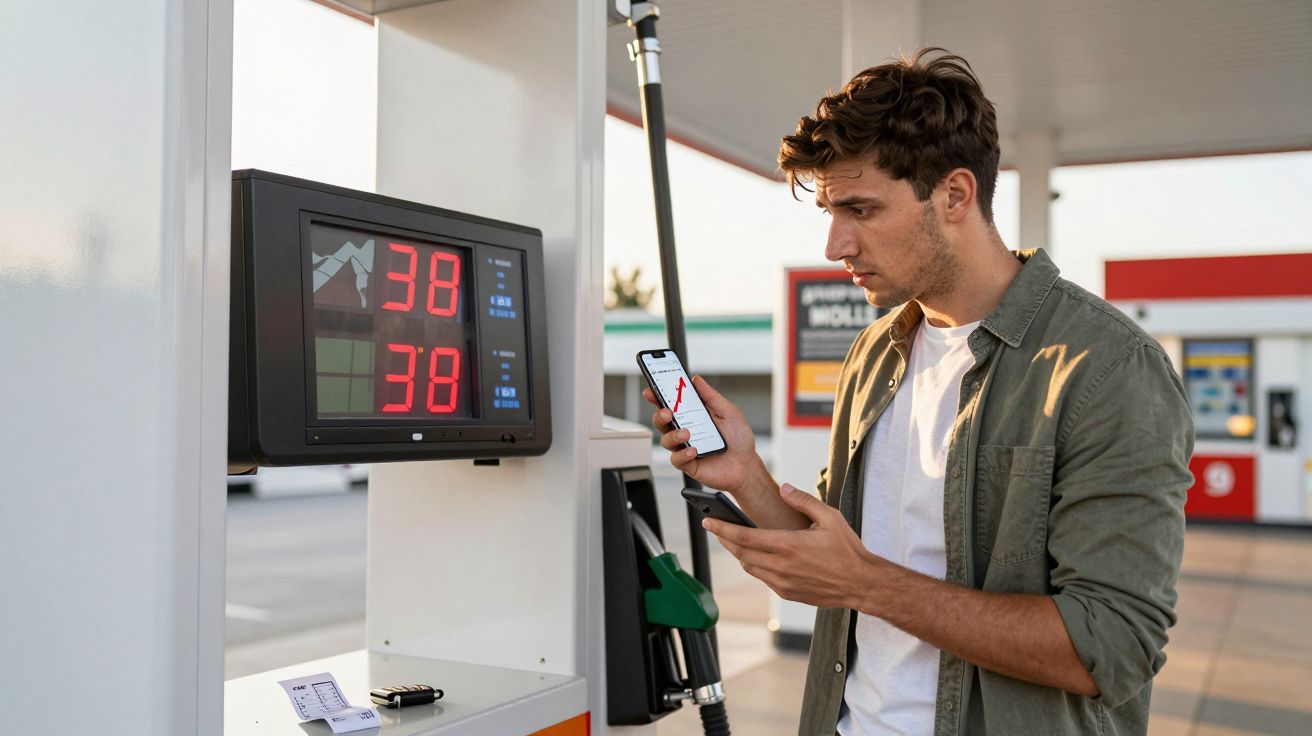 Homem numa bomba de combustível a olhar preocupado para um telemóvel com preços a subir no visor.