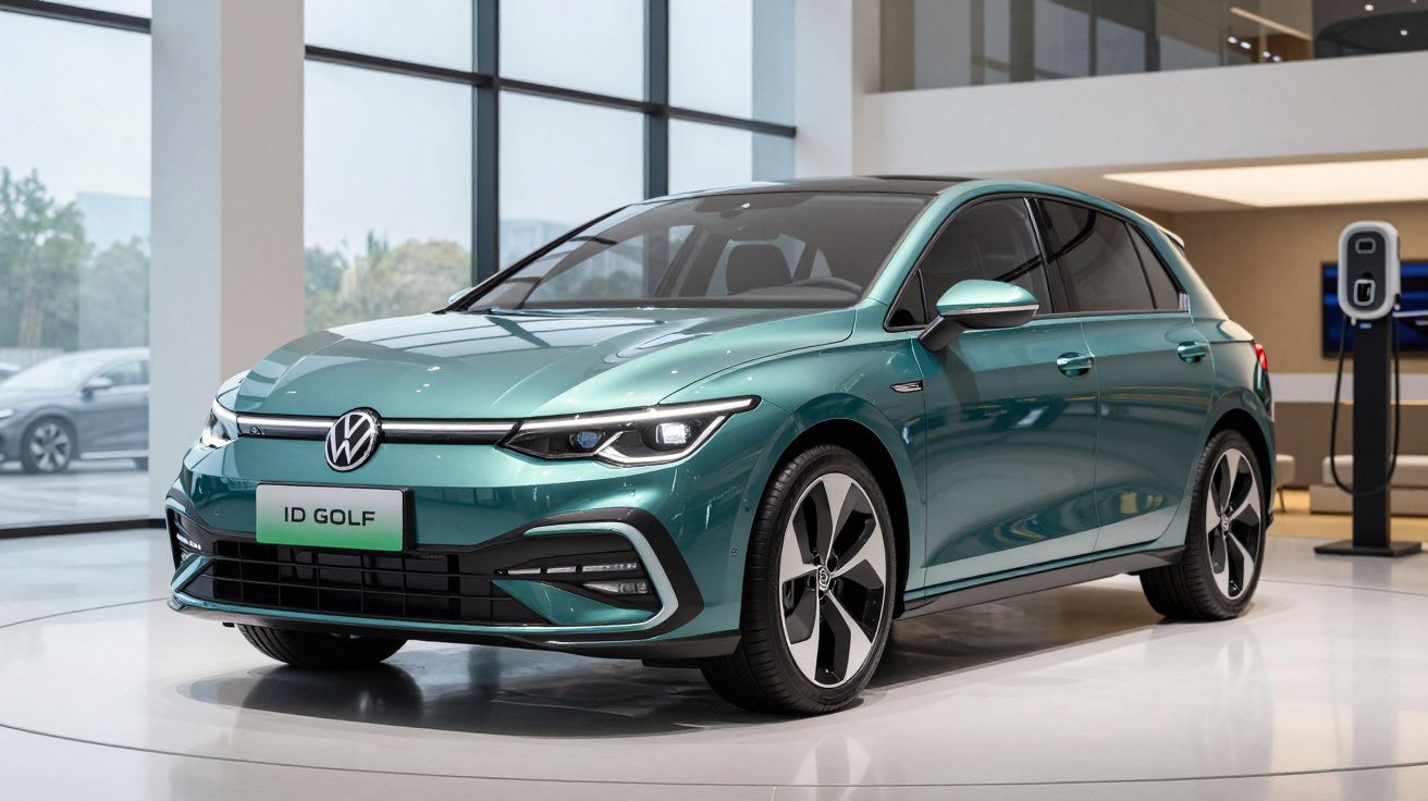 Carro elétrico Volkswagen ID Golf verde exibido em showroom moderno com carregador elétrico ao fundo.