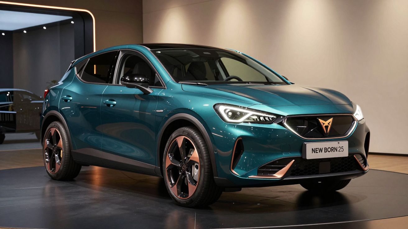 Carro elétrico moderno Cupra New Born 25 verde, apresentado em stand com iluminação suave.