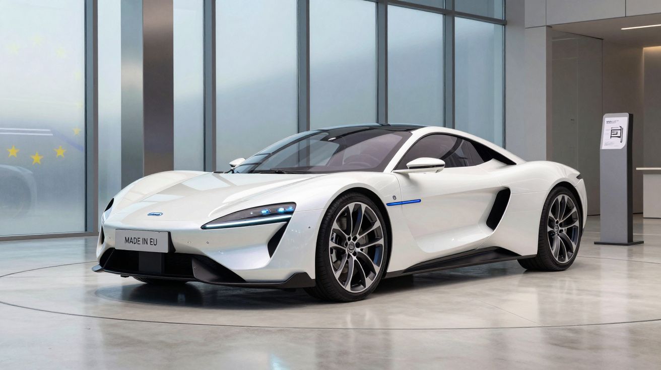 Carro desportivo branco com design aerodinâmico exposto numa sala moderna com grandes janelas de vidro.