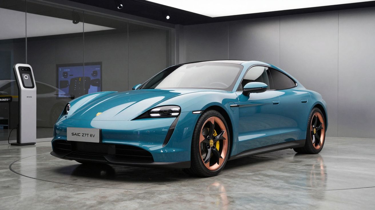 Carro elétrico desportivo azul com rodas douradas, num showroom moderno e minimalista.