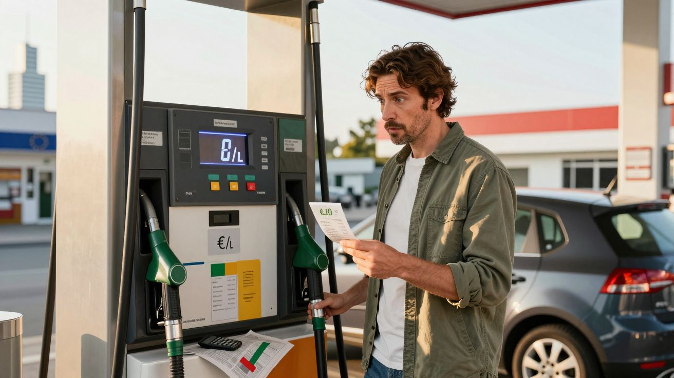 Homem preocupado a ler uma fatura enquanto enche o carro numa bomba de gasolina.