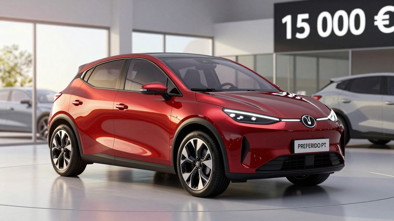 Carro SUV vermelho exposto em salão automóvel com preço de 15.000 euros em destaque.