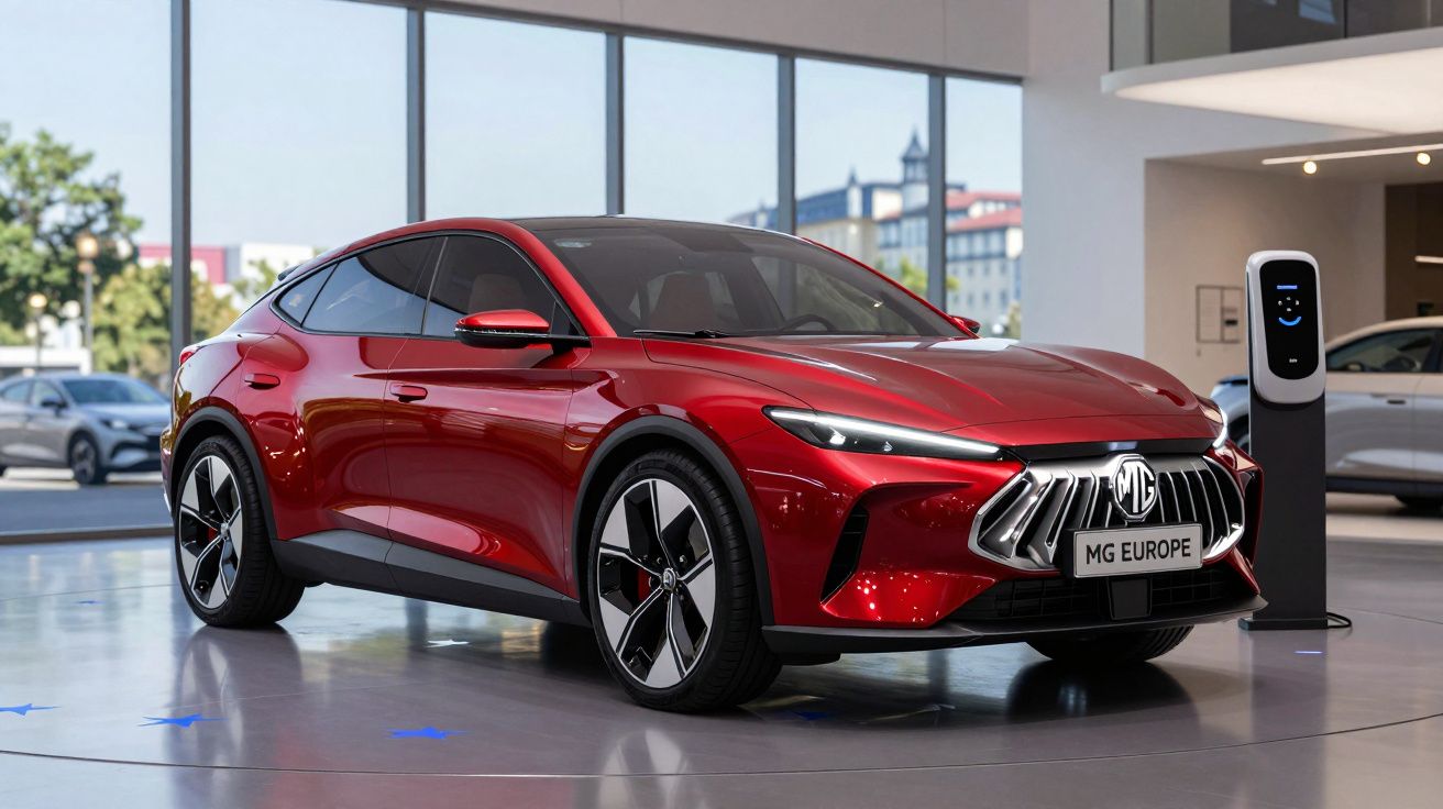 Carro elétrico vermelho MG Europe exposto numa concessionária moderna com carregador elétrico ao lado.