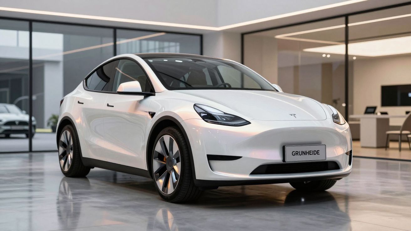 Carro elétrico branco Tesla Model Y estacionado em espaço interior moderno com chão brilhante.