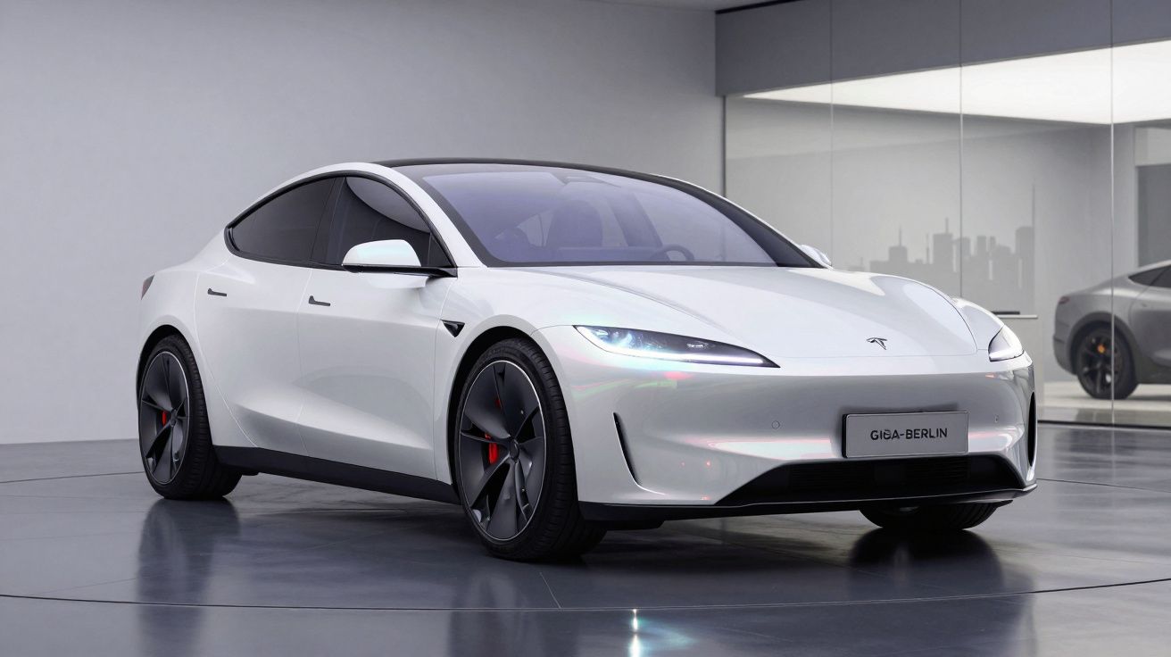 Carro elétrico Tesla branco estacionado em showroom moderno com parede espelhada ao fundo.