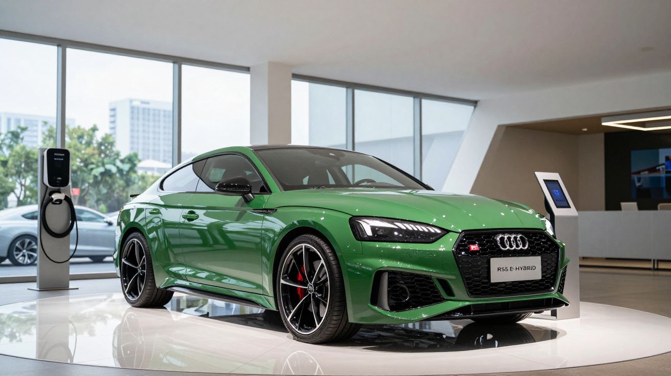 Carro Audi RS 5 e-Hybrid verde estacionado em showroom moderno com estação de carregamento elétrica.