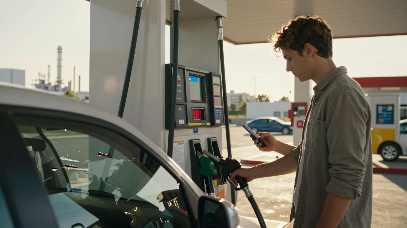 Homem jovem a abastecer carro com gasolina numa bomba de combustível enquanto usa telemóvel.