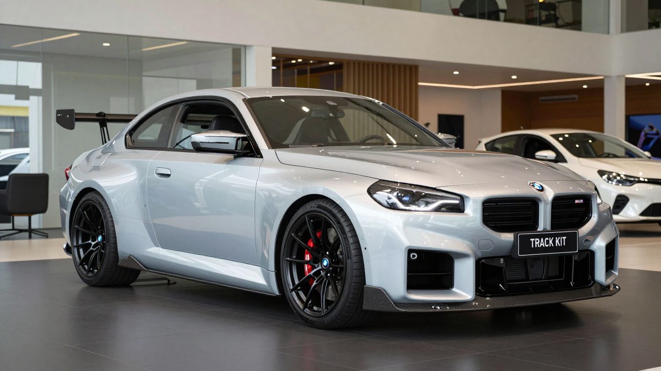 Carro desportivo BMW cinzento com detalhes em preto, exibido numa sala de exposição moderna.