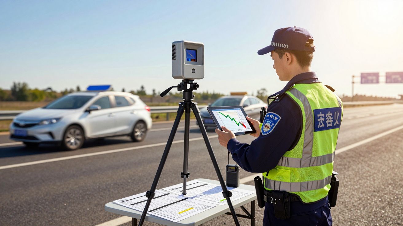 Polícia de trânsito com colete refletor a operar radar numa estrada movimentada sob céu azul claro.