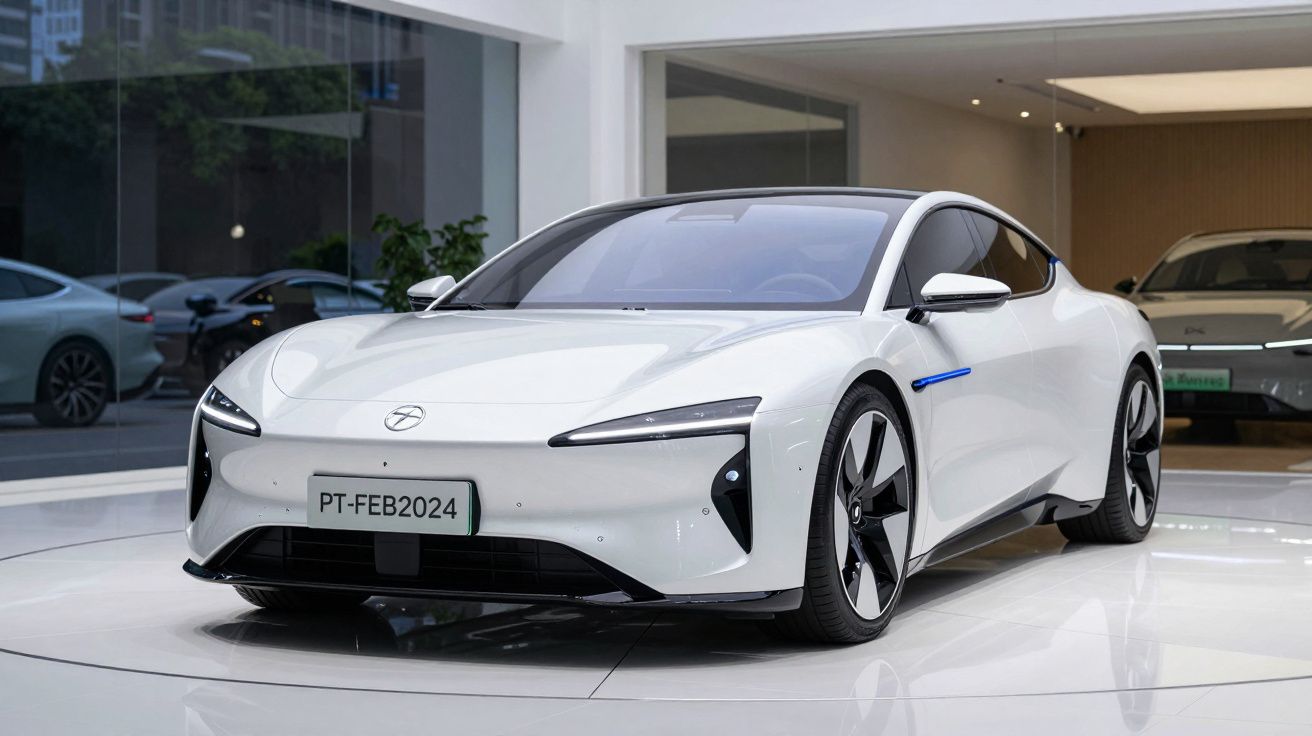 Carro desportivo elétrico branco numa exposição moderna, com design aerodinâmico e faróis finos LED.