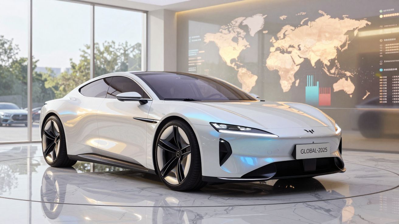 Carro desportivo branco futurista numa sala moderna com mapa mundi iluminado na parede.