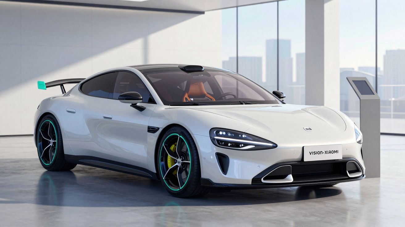 Carro desportivo elétrico branco com linhas modernas e detalhes em azul, exposto em showroom com vista para a cidade.