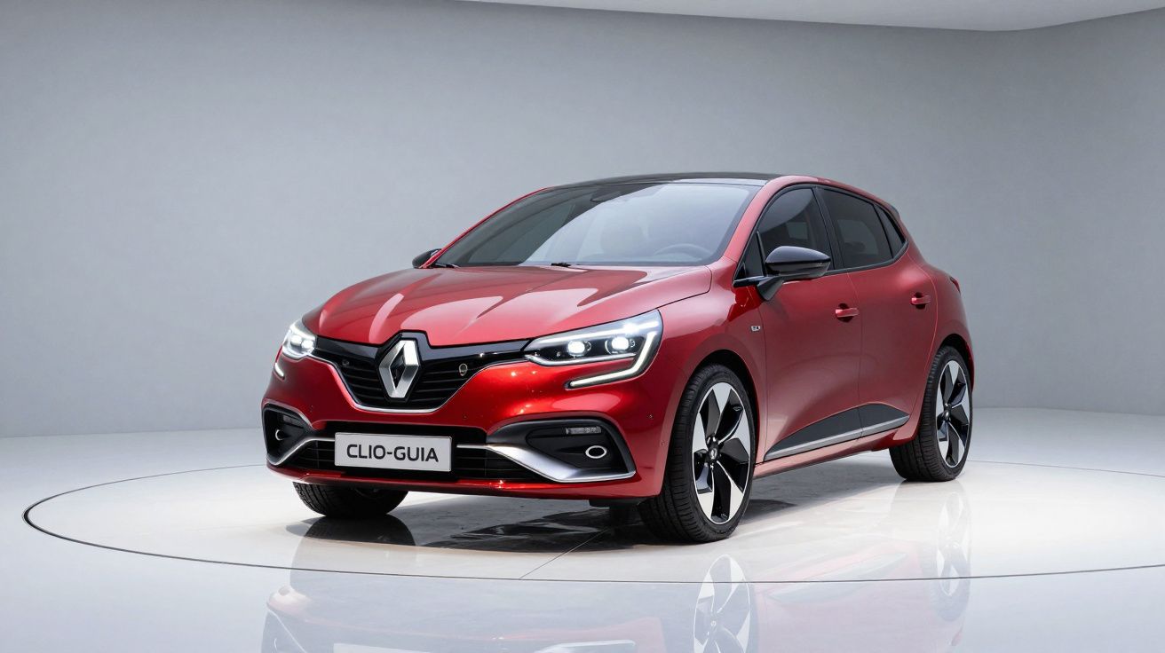 Carro compacto Renault Clio vermelho brilhante em fundo neutro, vista frontal direita.