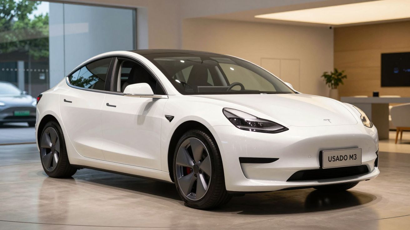 Carro elétrico branco Tesla Model 3 estacionado num showroom moderno e iluminado.