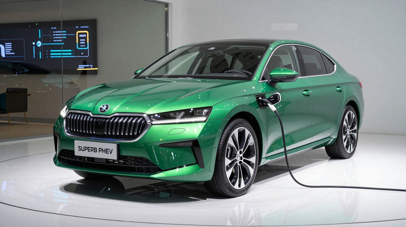 Carro elétrico verde Škoda Superb PHEV a ser carregado numa exposição automóvel.
