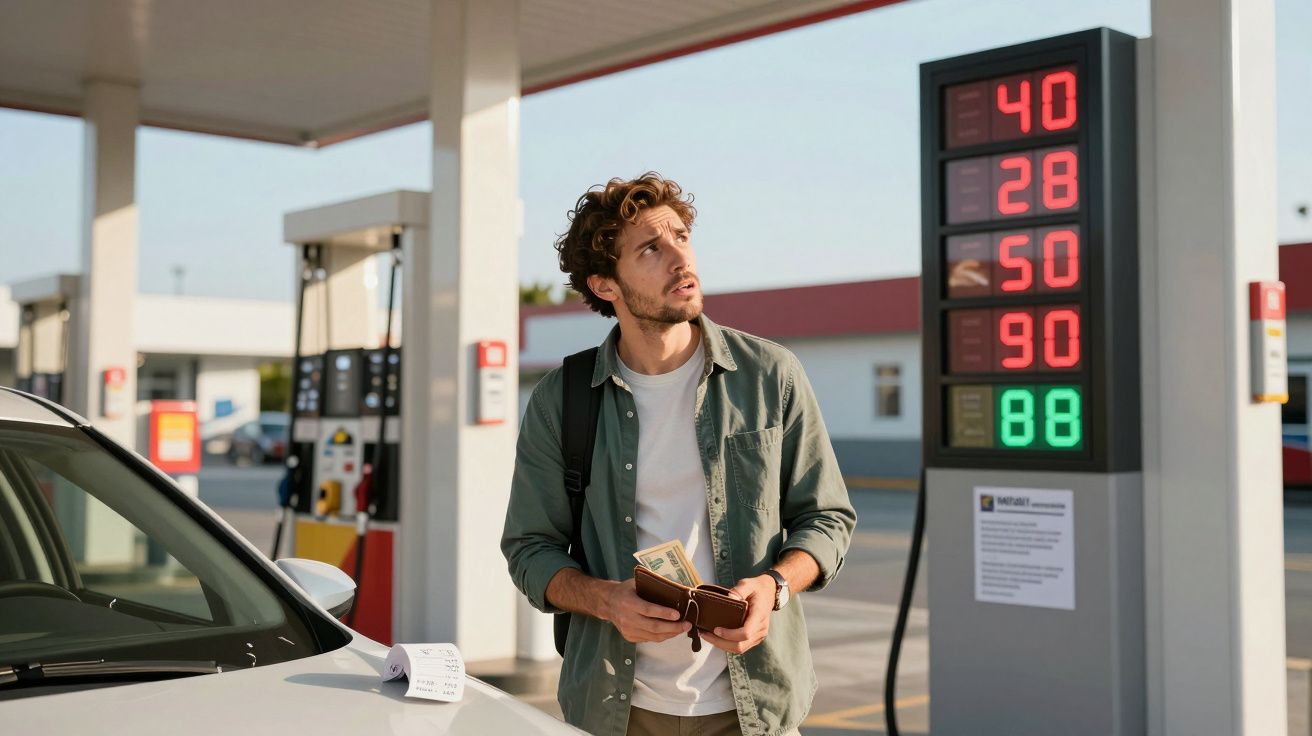 Homem com carteira e dinheiro na mão observa preços elevados num posto de combustível ao lado do carro.