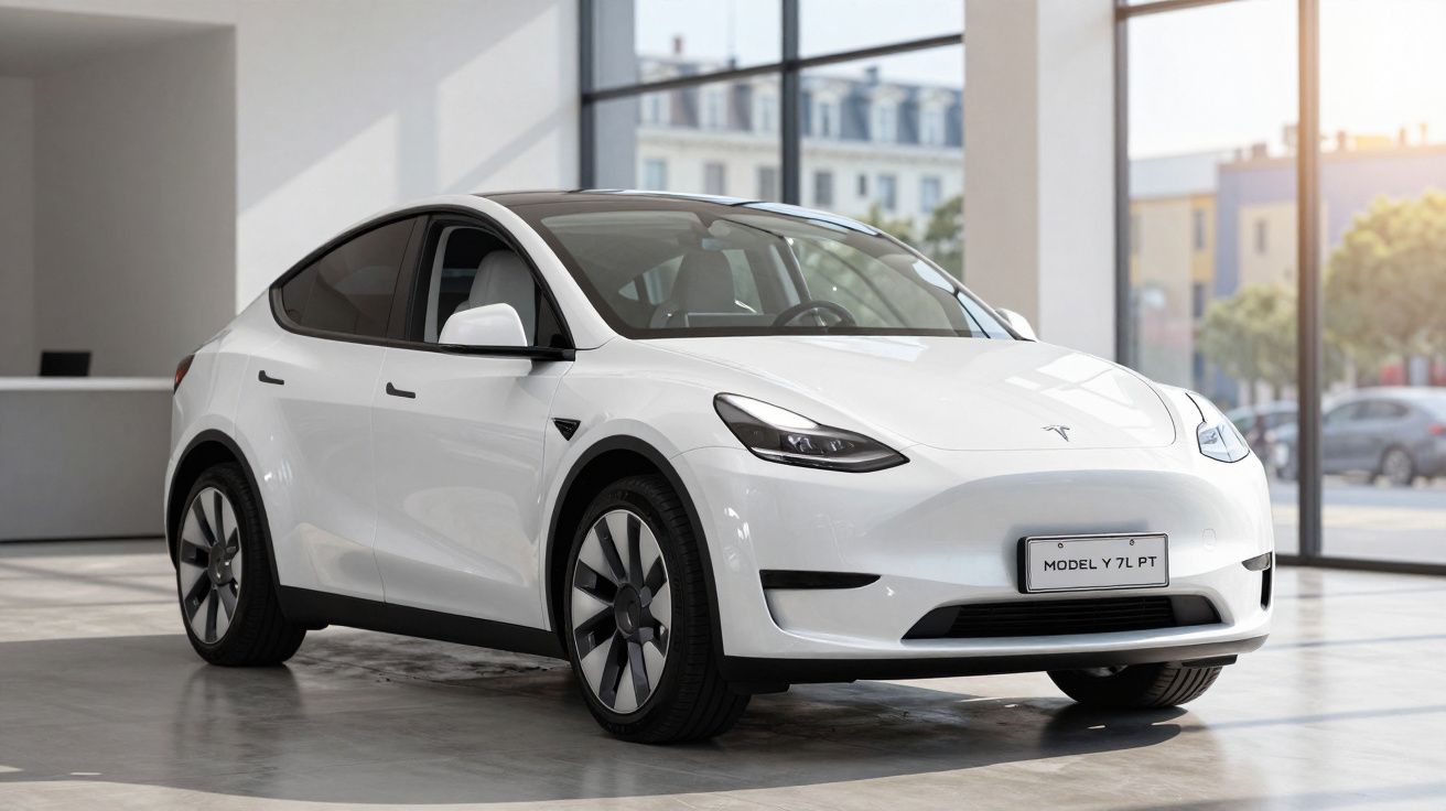 Carro elétrico Tesla Model Y branco estacionado dentro de uma sala com janelas de vidro grandes.