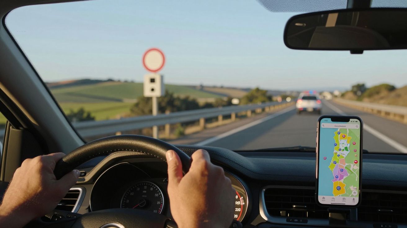 Vista do interior de um carro em andamento numa estrada com GPS no telemóvel a mostrar um mapa de Portugal.