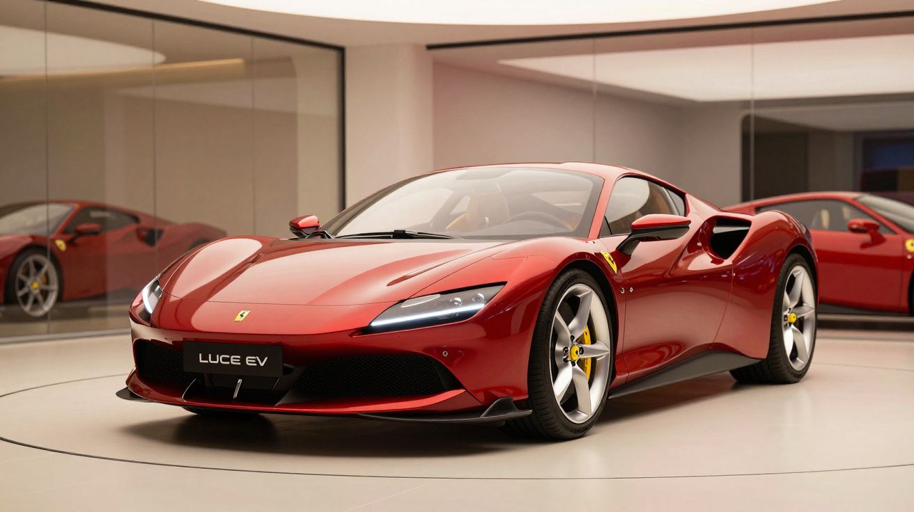 Carro desportivo Ferrari vermelho modelo Luce EV exposto numa sala moderna com espelhos nas paredes.