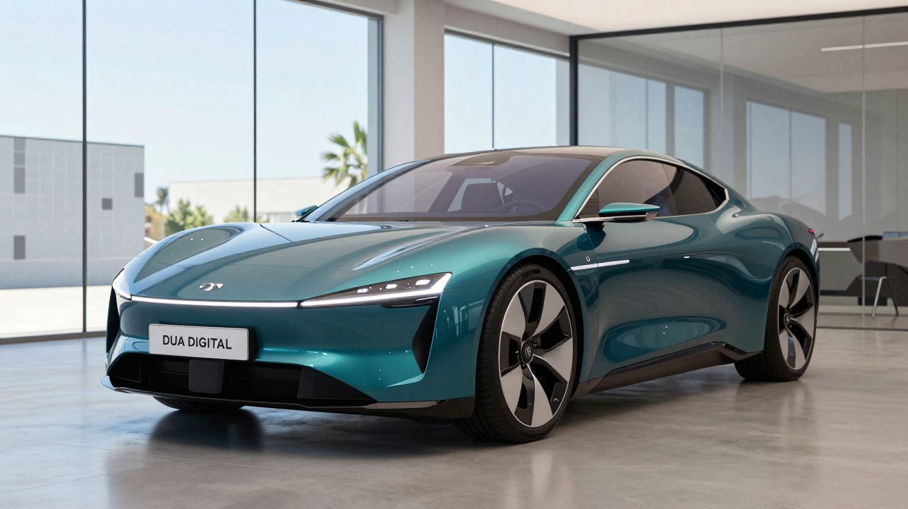 Carro desportivo elétrico verde metálico estacionado em interior moderno com grandes janelas de vidro.