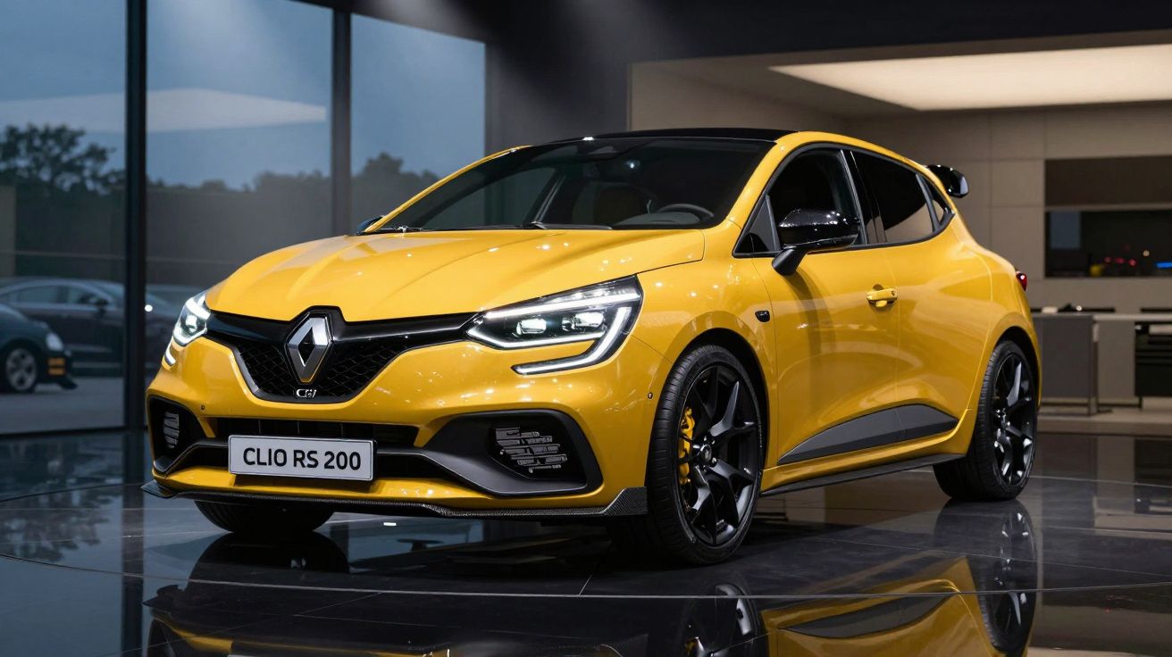 Renault Clio RS 200 amarelo numa exposição interior com iluminação moderna e rodas pretas desportivas.