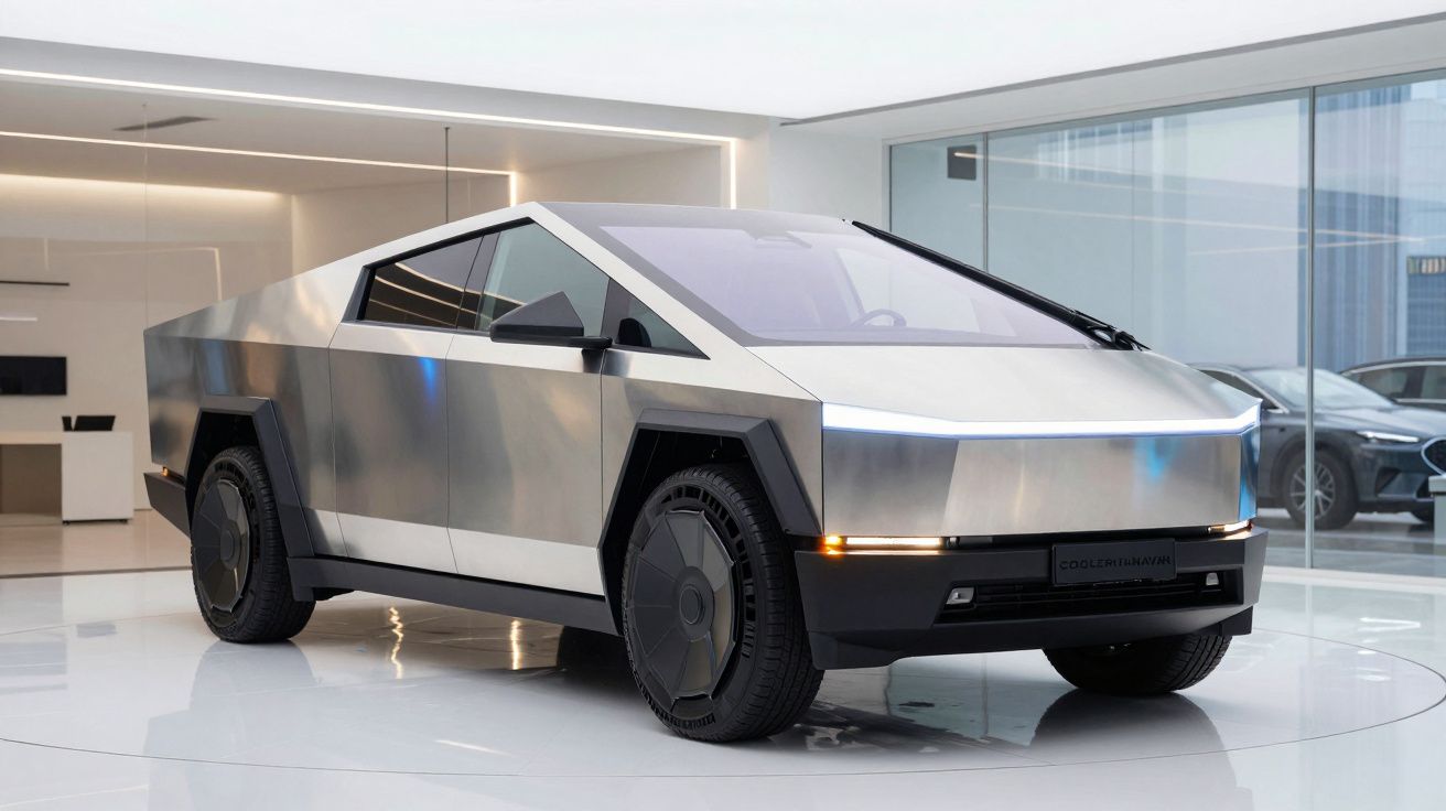 Veículo elétrico futurista Tesla Cybertruck prata exibido em ambiente moderno e minimalista.