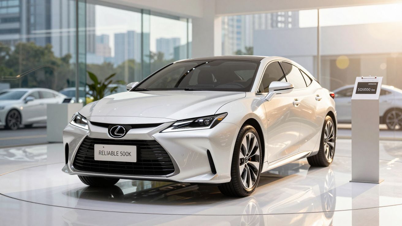 Carro branco Lexus Reliable 500K exposto em showroom moderno com grandes janelas e iluminação natural.