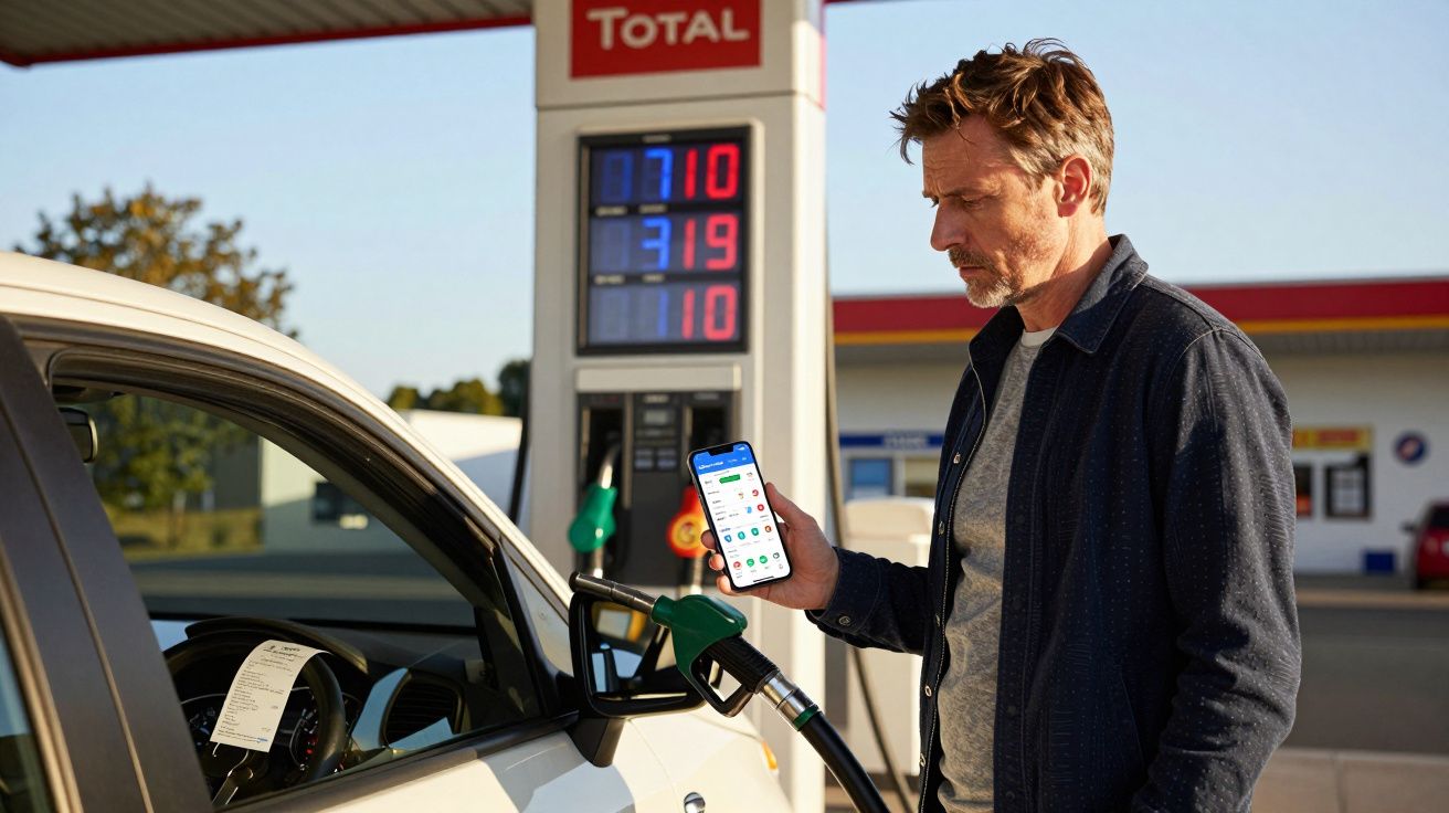 Homem a abastecer carro numa bomba de gasolina Total enquanto vê o telemóvel.