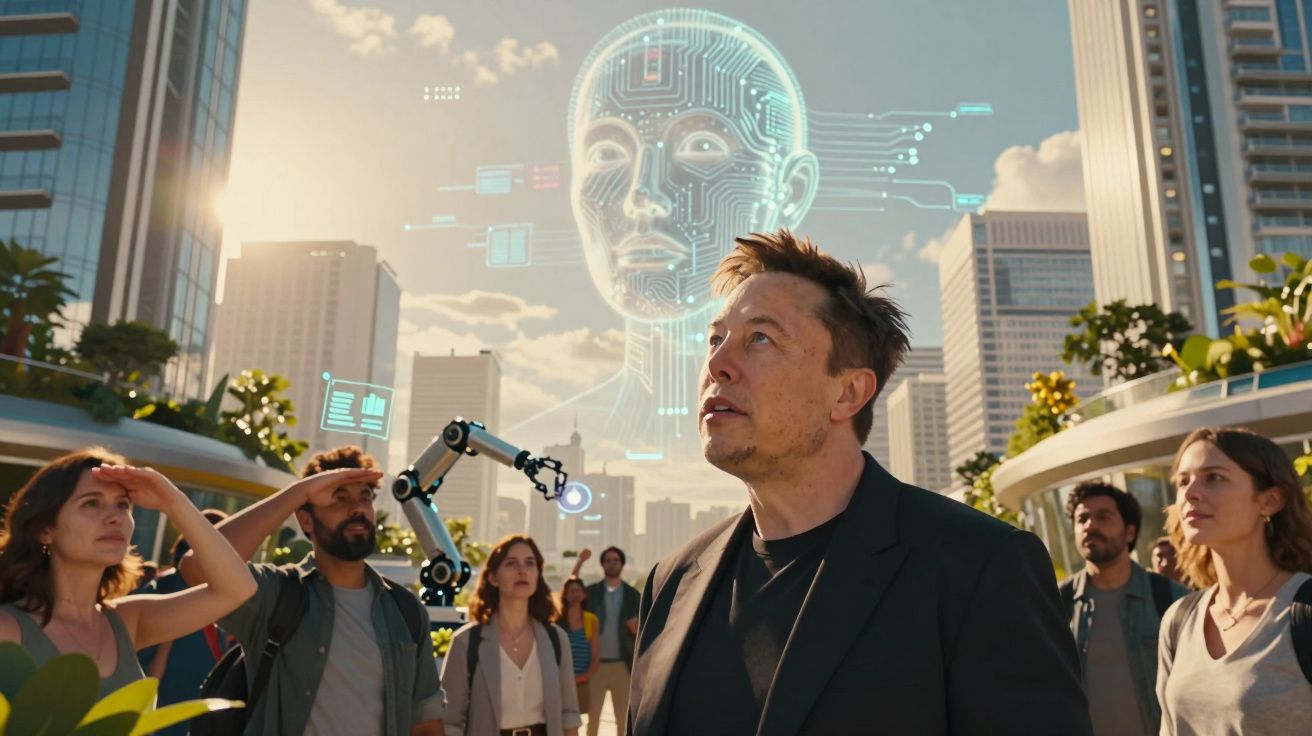 Homem rodeado por multidão em cidade, com holograma digital futurista de rosto e braço robótico ao fundo.