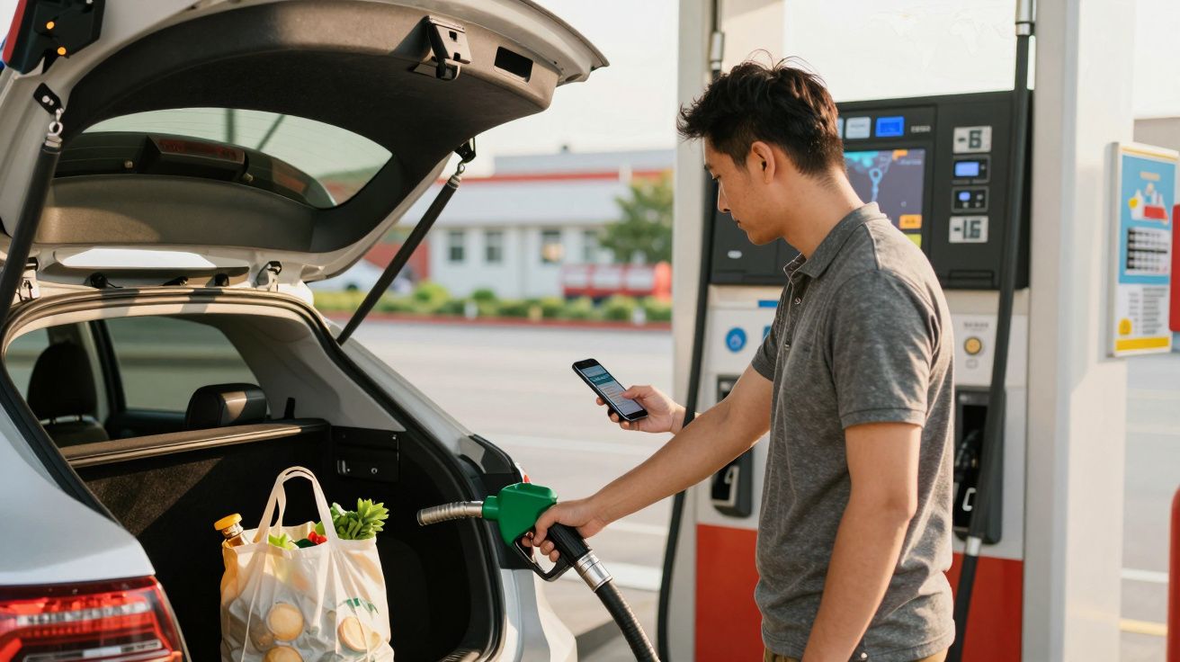Homem abastecendo carro com bomba de combustível numa estação de serviço com saco de compras no porta-bagagens aberto.